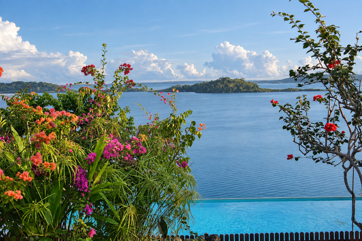 Fleurs colorées du jardin avec la baie en arrière-plan