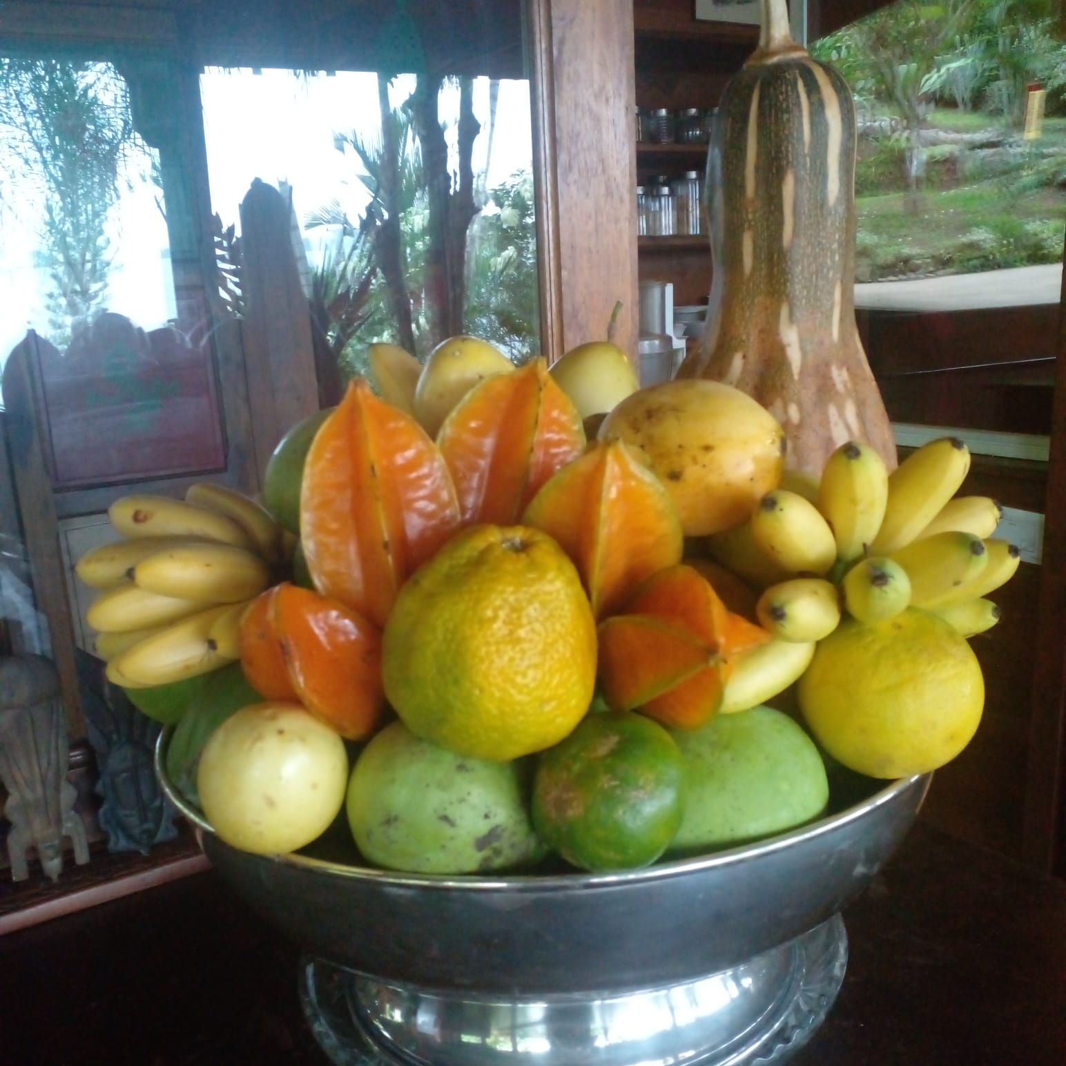 Corbeille de fruits du domaine : caramboles, mangues, bananes, agrumes