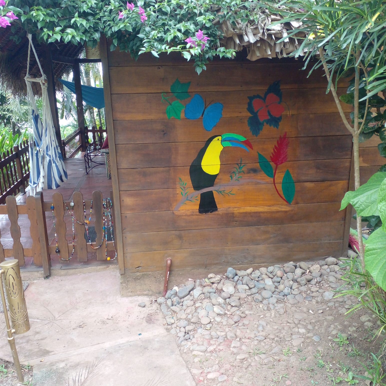 Fresque d'un toucan peinte sur le mur en bois de la maison d'hôte